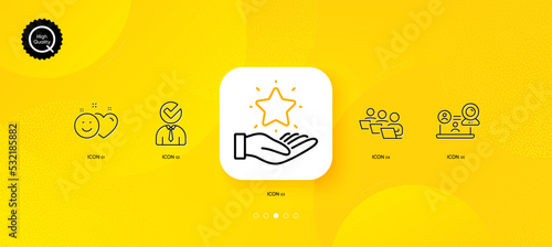 Teamwork, Smile and Vacancy minimal line icons. Yellow abstract background. Loyalty program, Video conference icons. For web, application, printing. Vector