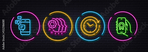 Employees teamwork, Time change and Communication minimal line icons. Neon laser 3d lights. Award app icons. For web, application, printing. Collaboration, Clock, Smartphone messages. Vector