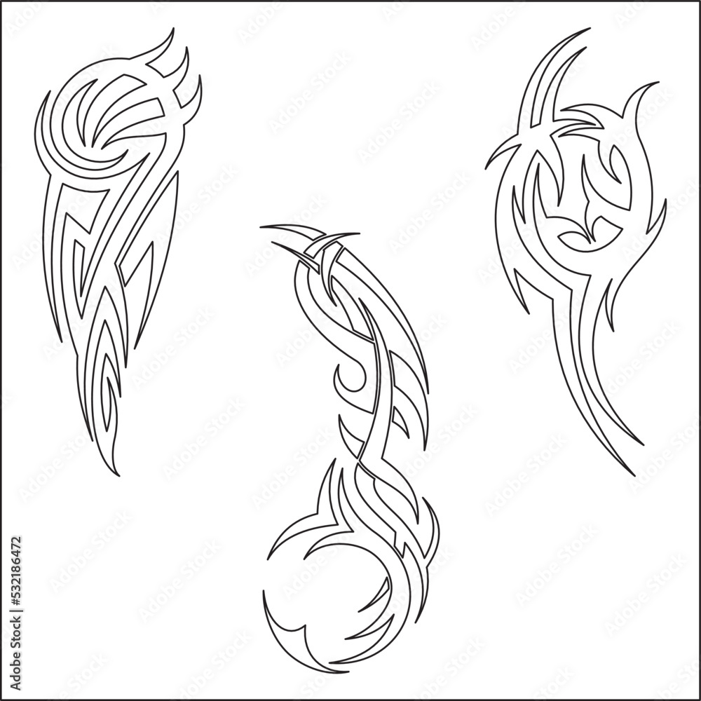 Styled tattoo pattern, Set of Tribal decorative elements isolated on white background,Design black and white ornament for the cover of musical instruments.tribal symmetric pattern elements for tattoo.