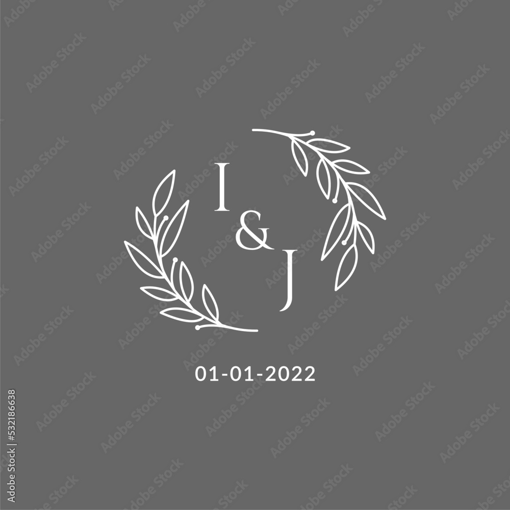 Initial letter IJ monogram wedding logo with creative leaves decoration ...
