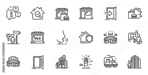 Outline set of Sports arena, Sports stadium and Buildings line icons for web application. Talk, information, delivery truck outline icon. Include Food market, Market sale, Lighthouse icons. Vector