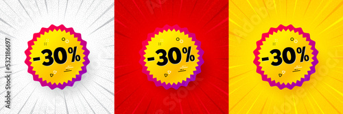 Sale 30 percent off banner. Flash offer banner, coupon or poster. Discount sticker shape. Coupon bubble icon. Sale 30 percent promo banner. Retail marketing flyer. Starburst pop art. Vector