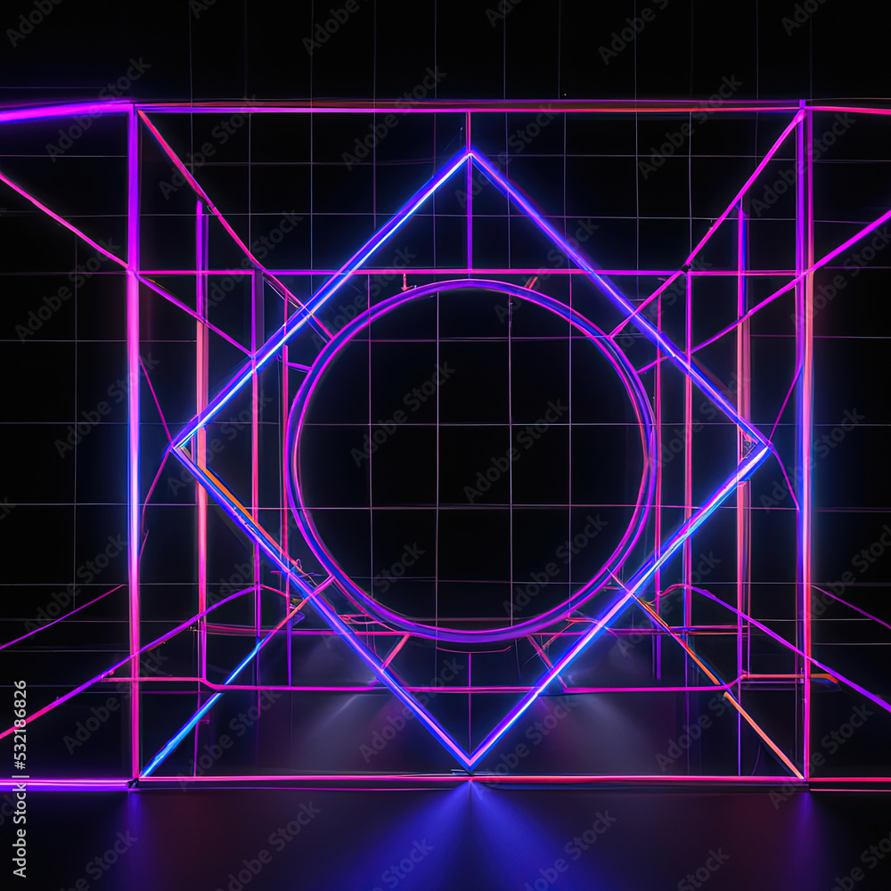3d abstract neon background, geometric background with polygonal structure, cyber space virtual reality, Podium show products, place for product, colored neon lights, retro sci-fi style - obrazy, fototapety, plakaty 