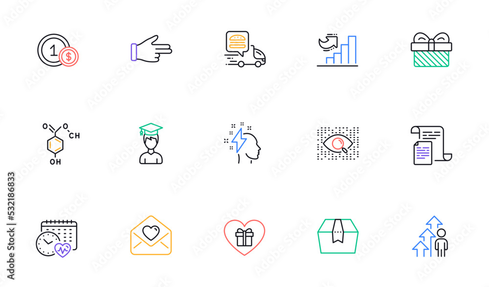Student, Brainstorming and Love letter line icons for website, printing. Collection of Gift, Click hand, Package box icons. Growth chart, Artificial intelligence, Documents web elements. Vector Student, Brainstorming and Love letter line icons for website, printing. Collection of Gift, Click hand, Package box icons. Growth chart, Artificial intelligence, Documents web elements. Vector