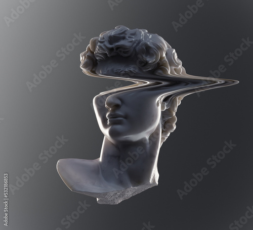 Digital concept illustration from 3D rendering of white broken and glitched marble male classical head bust lit in dramatical style and isolated on grey background.