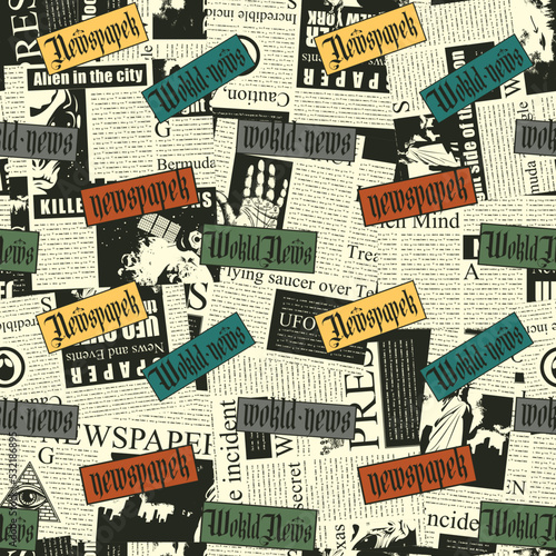 seamless pattern with a collage of newspaper clippings. Abstract background with unreadable text, titles and illustrations. Wallpaper, wrapping paper or fabric design in retro vintage style
