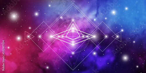 Sacred geometry spiritual new age futuristic illustration with transmutation interlocking circles, triangles and glowing particles