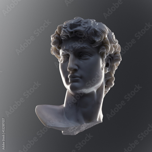 Digital illustration from 3D rendering of white broken marble male classical head bust lit in dramatical style and isolated on grey background.