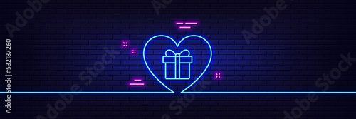 Neon light glow effect. Love Gift box line icon. Present or Sale sign. Birthday Shopping symbol. Package in Gift Wrap. 3d line neon glow icon. Brick wall banner. Romantic gift outline. Vector
