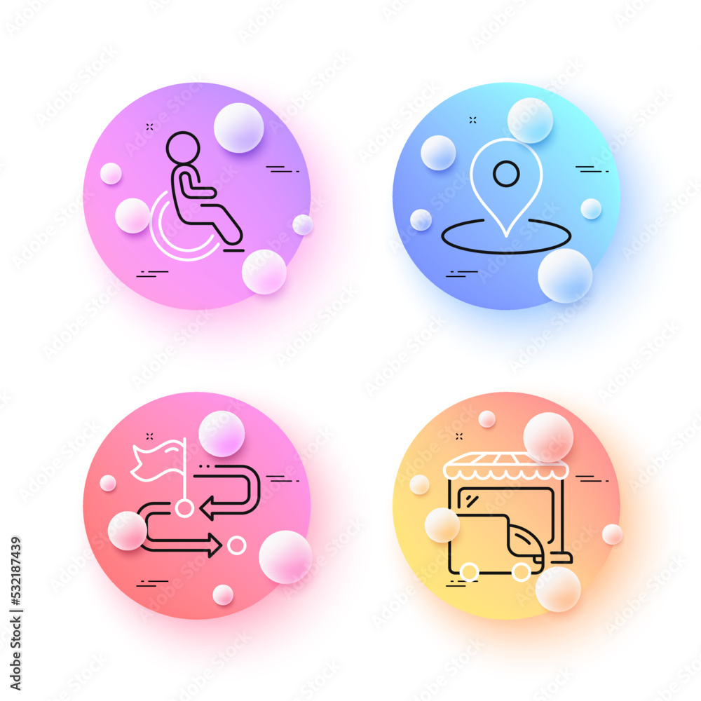 Travel path, Disability and Pin minimal line icons. 3d spheres or balls buttons. Delivery truck icons. For web, application, printing. Flag pointer, Wheelchair user, Map point. Store transport. Vector Travel path, Disability and Pin minimal line icons. 3d spheres or balls buttons. Delivery truck icons. For web, application, printing. Flag pointer, Wheelchair user, Map point. Store transport. Vector