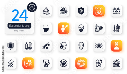 Set of Healthcare flat icons. Face accepted, Doctor and Clean hands elements for web application. Cream, Dental insurance, Mint leaves icons. Hypoallergenic tested, Stress. Vector