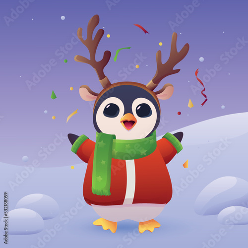 christmas penguin with reindeer horns, scarf and jacket. Postcard for New Year and Christmas. vector illustration.