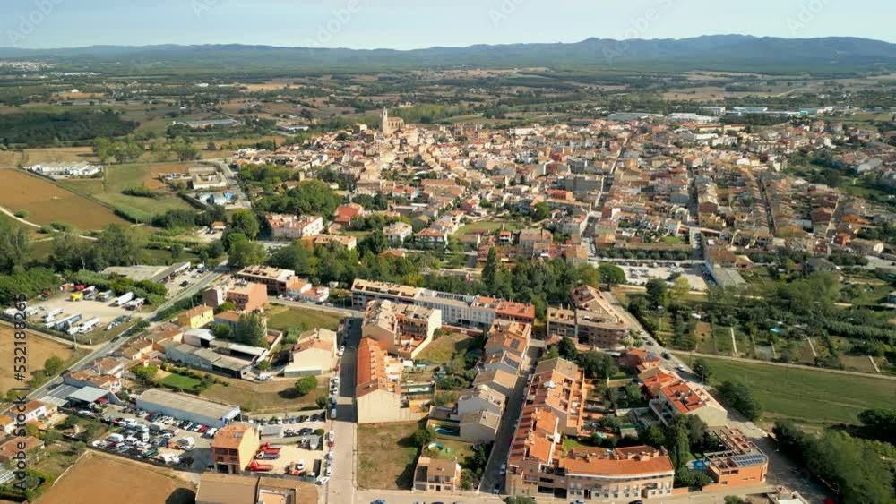 City of Llagostera in the province of Girona Spain, aerial images of the cathedral panoramic view in the Costa Brava