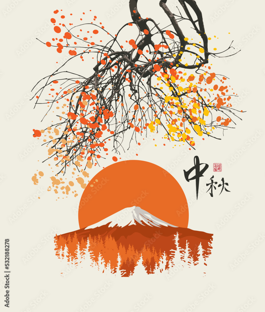 Photography Poster Autumn Japanese landscape with fall branches on