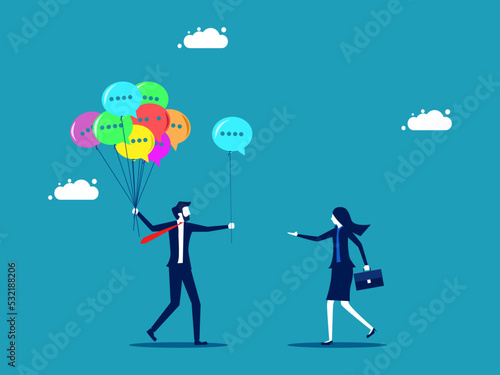 Public relations or information. Business communication. businessman giving speech bubble balloons vector