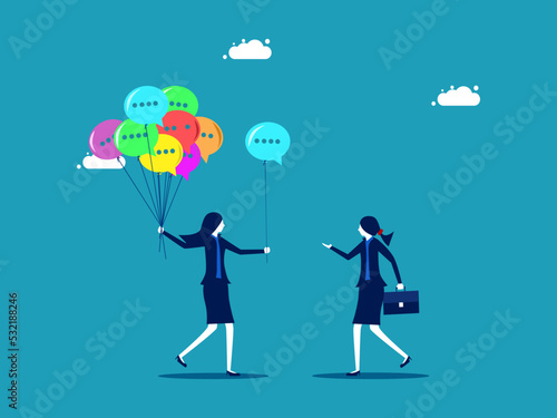 Public relations or information. Business communication. businesswoman giving speech bubble balloons vector