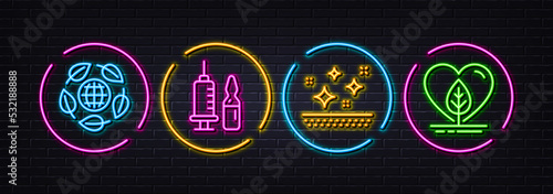 Clean skin, Medical vaccination and Eco organic minimal line icons. Neon laser 3d lights. Local grown icons. For web, application, printing. Face cream, Syringe vaccine, Bio ingredients. Vector