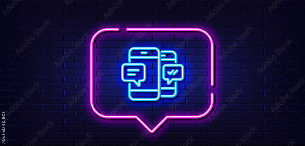 Neon light speech bubble. Phone Message line icon. Mobile chat sign. Conversation or SMS symbol. Neon light background. Smartphone SMS glow line. Brick wall banner. Vector Neon light speech bubble. Phone Message line icon. Mobile chat sign. Conversation or SMS symbol. Neon light background. Smartphone SMS glow line. Brick wall banner. Vector