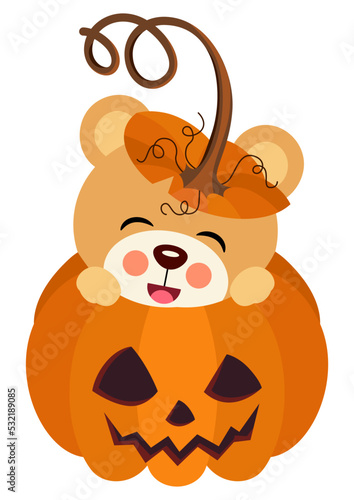 Cute teddy bear inside halloween pumpkin