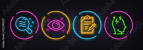 Vaccine report, Health eye and Skin condition minimal line icons. Neon laser 3d lights. Stress icons. For web, application, printing. Vaccination report, Optometry, Search magnifier. Vector