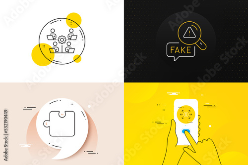 Minimal set of Fake news, Puzzle and Dollar exchange line icons. Phone screen, Quote banners. Teamwork icons. For web development. Check wrong fact, Puzzle piece, Payment. Remote work. Vector