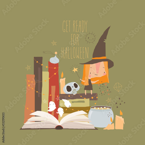 Fototapeta Little Witch standing and conjuring on a Stack of Books