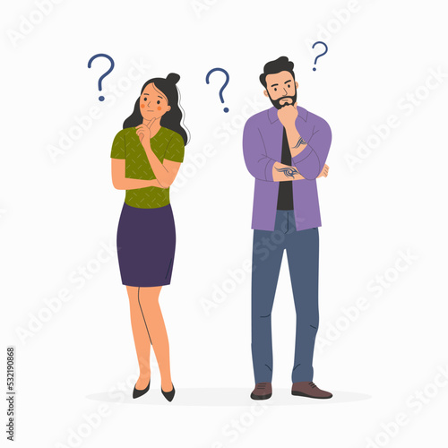Young woman and man surrounded by a question mark. Flat style cartoon vector illustration.