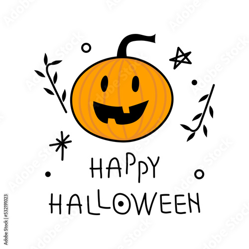 Character pumpkin with phrase HAPPY HALLOWEEN. Vector illustration Spooky Season creepy avatar on 31 October.