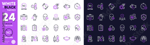 Quarantine, Shield and Coronavirus pills line icons for website, printing. Collection of Dont touch, Blood and saliva test, Vaccination schedule icons. Medical insurance, Fever. Vector