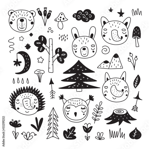 Scandinavian animals set. Drawn by hand. Doodle cartoon animals with elements of the forest and the gifts of nature for children s posters  postcards  children s t-shirts. Vector illustration.