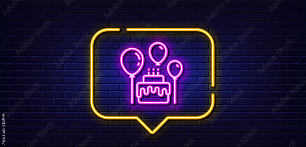 Neon light speech bubble. Cake line icon. Birthday events sign. Party celebration symbol. Neon light background. Cake glow line. Brick wall banner. Vector Neon light speech bubble. Cake line icon. Birthday events sign. Party celebration symbol. Neon light background. Cake glow line. Brick wall banner. Vector