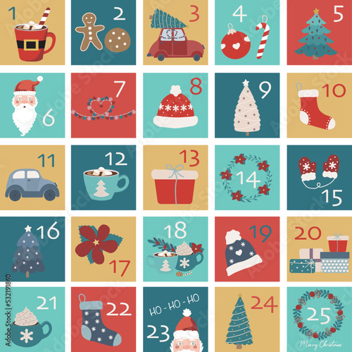 Christmas advent calendar - 25 hand drawn cards is a December countdown calendar vector illustration, christmas eve creative winter set with numbers.