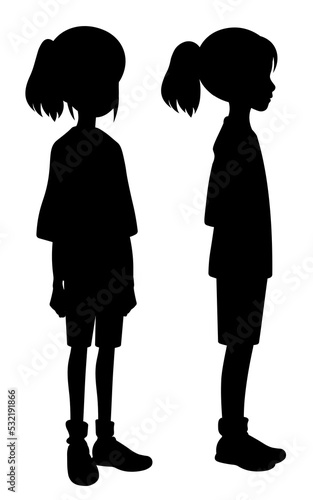 Child silhouette isolated vector. Young teenager girl silhouette. Kid silhouette with ponytail hairstyle. Child silhouette full body. Teenager front standing and side view. 