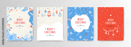 Winter background set.  Сhristmas tree, snowflakes, red berries, hand drawn  elements. 
Editable vector illustration for christmas invitation, postcard, banner, social media post