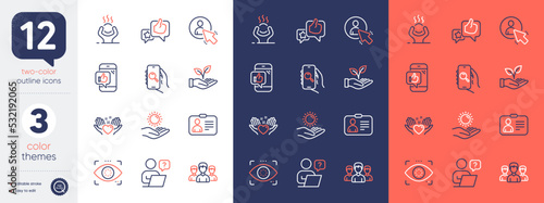 Set of Like, Helping hand and Hold heart line icons. Include Eye detect, Search app, Mobile like icons. Difficult stress, Sun protection, Id card web elements. Online question, Group, User. Vector