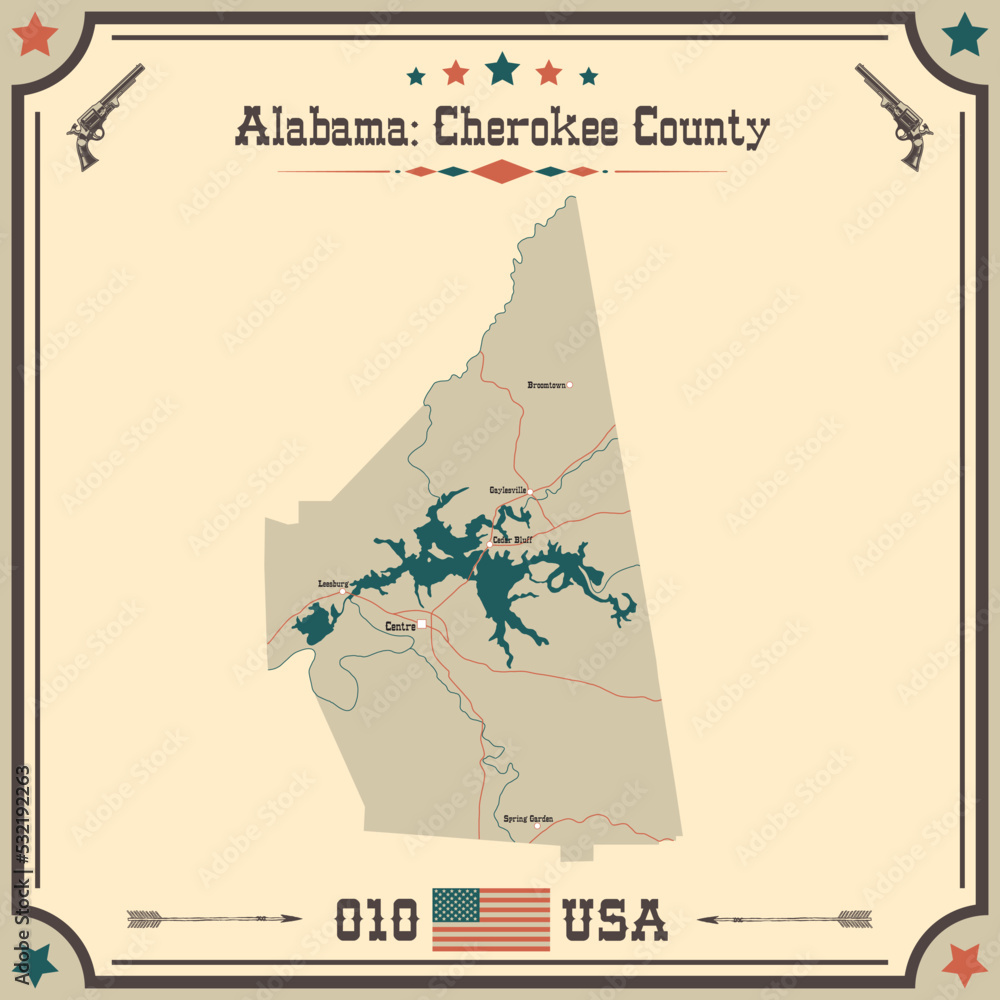 Large and accurate map of Cherokee county, Alabama, USA with vintage colors.
