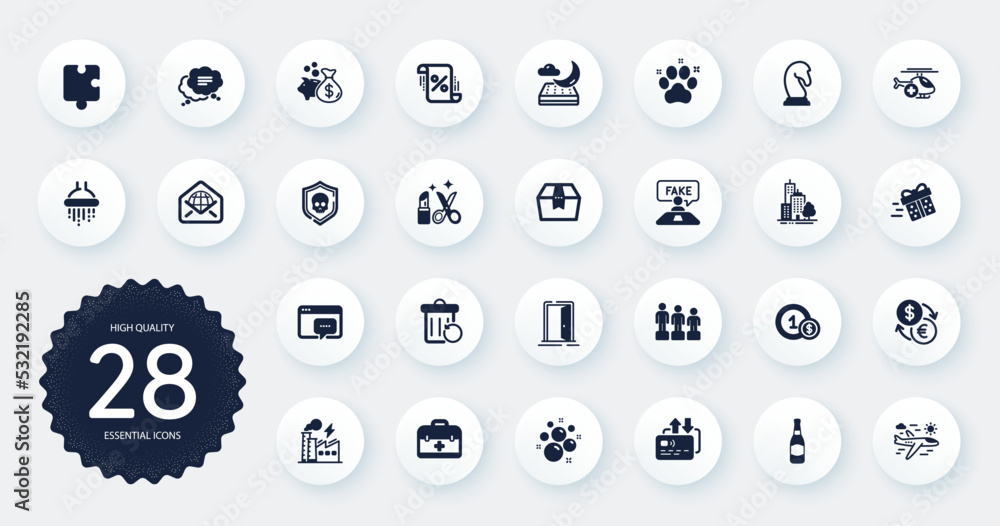 Set of Business icons, such as Shower, Open door and Seo message flat icons. Usd coins, Beauty, Card web elements. Clean bubbles, Web mail, Loan signs. First aid, Equality, Marketing strategy. Vector Set of Business icons, such as Shower, Open door and Seo message flat icons. Usd coins, Beauty, Card web elements. Clean bubbles, Web mail, Loan signs. First aid, Equality, Marketing strategy. Vector