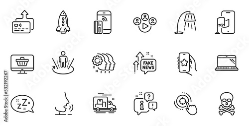 Outline set of Contactless payment, Favorite app and Fake news line icons for web application. Talk, information, delivery truck outline icon. Vector