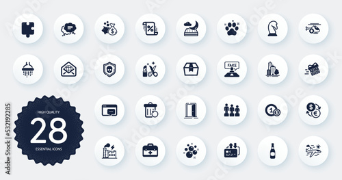 Set of Business icons, such as Shower, Open door and Seo message flat icons. Usd coins, Beauty, Card web elements. Clean bubbles, Web mail, Loan signs. First aid, Equality, Marketing strategy. Vector