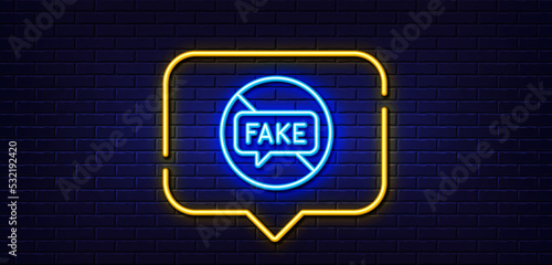 Neon light speech bubble. Fake news line icon. Stop propaganda conspiracy sign. Wrong truth symbol. Neon light background. Fake news glow line. Brick wall banner. Vector