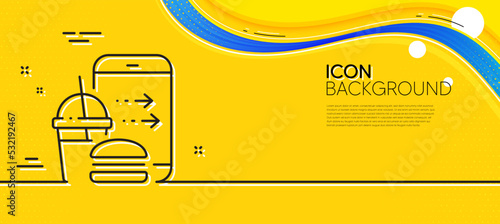 Food order line icon. Abstract yellow background. Meal delivery app sign. Online catering service symbol. Minimal food order line icon. Wave banner concept. Vector