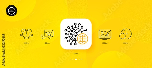 Quick tips, Time management and Coronavirus minimal line icons. Yellow abstract background. Analytics graph, Update time icons. For web, application, printing. Vector