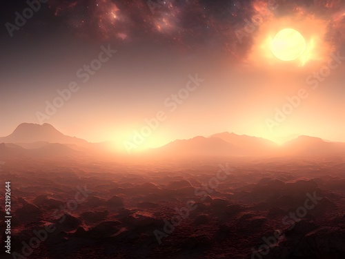 a beautiful picture of cosmic horror looming on the horizon in a desert, 3d illustration. 3d render
