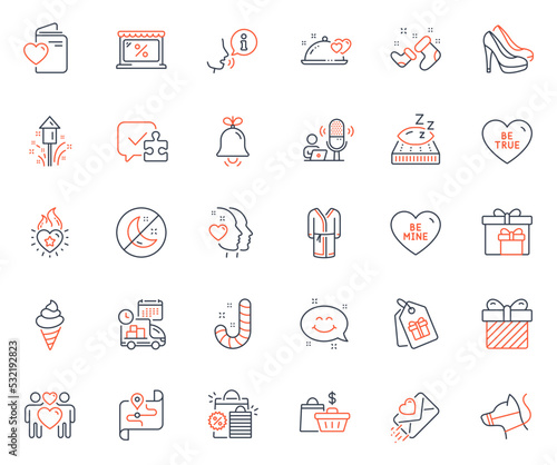 Holidays icons set. Included icon as Ice cream, Coupons and Bathrobe web elements. Map, Mattress, Market icons. Sale bags, Heart, Shopping bags web signs. Bell, Insomnia, Love couple. Vector