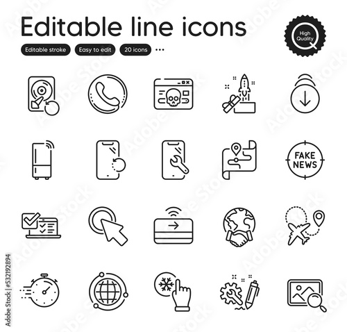 Set of Technology outline icons. Contains icons as Online survey, Cyber attack and Fake news elements. Engineering, Scroll down, Search photo web signs. Global business, Click here. Vector