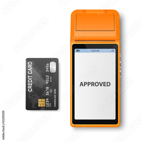 Vector 3d NFC Payment Machine with Approved Status and Black Credit Card Isolated. Wi-fi, Wireless Payment. POS Terminal, Machine Design Template of Bank Payment Contactless Terminal, Mockup. Top VIew
