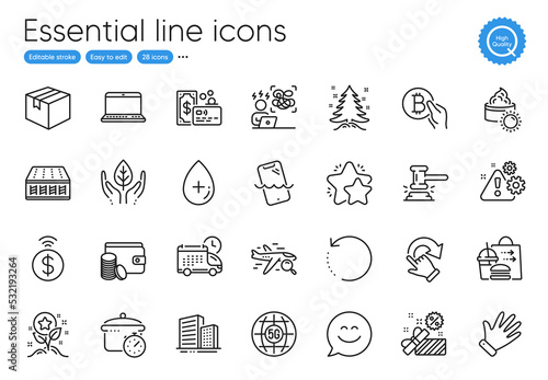 Recovery data, Search flight and Contactless payment line icons. Collection of Food delivery, Delivery, Christmas tree icons. Buildings, Judge hammer, Notebook web elements. Smile chat. Vector