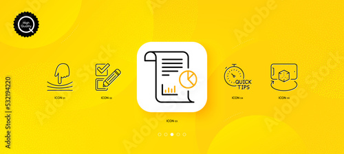 Report, Elastic and Checkbox minimal line icons. Yellow abstract background. Augmented reality, Quick tips icons. For web, application, printing. Work analysis, Resilience, Survey choice. Vector