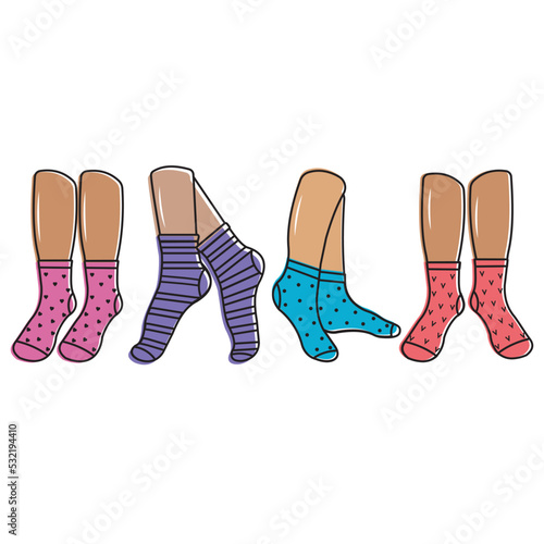 Colored socks on feet, color vector isolated cartoon-style illustration