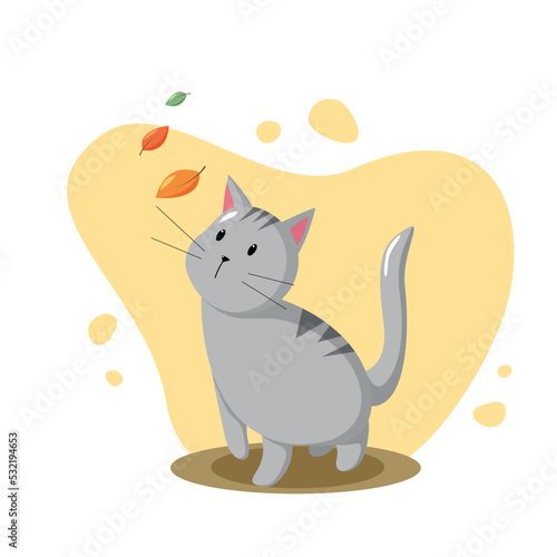 The postcard cat with leaves. Autumn atmosphere. Vector illustration